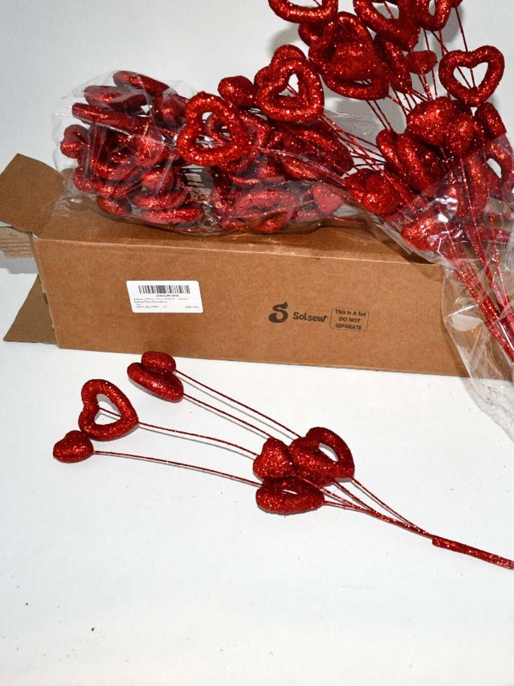 Solsew Valentine Heart Picks, 17" Red Glitter Stems, Tree Vase Decor, 16 Pc, NWT